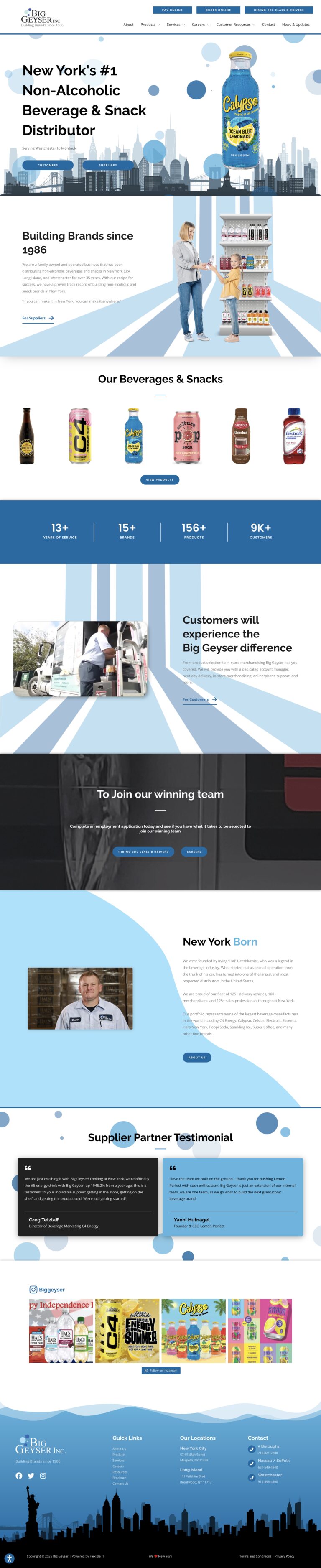 Full homepage screenshot of the Big Geyser website