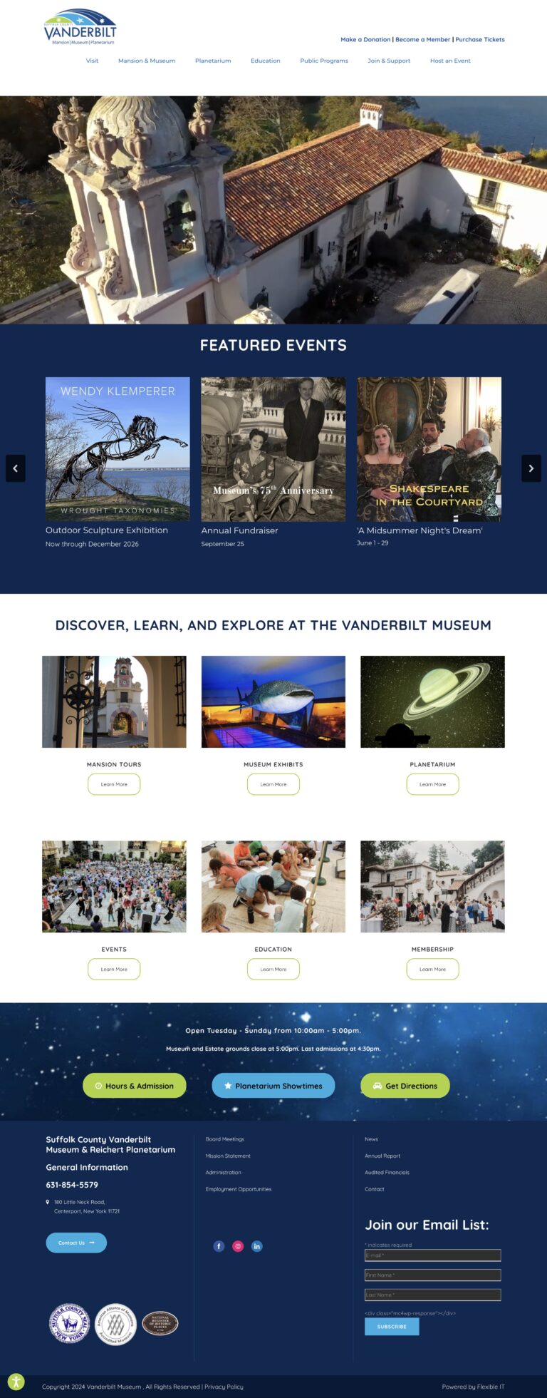 Full homepage screenshot of the Vanderbilt Museum website