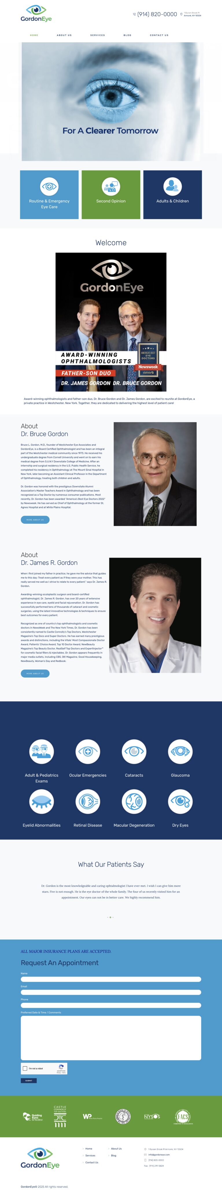 Full homepage screenshot of the Gordon Eye website